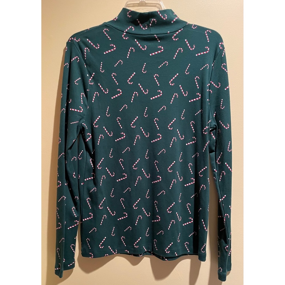 Holiday Time Women Green Candy Cane Christmas Mock Neck Long Sleeve Top Large